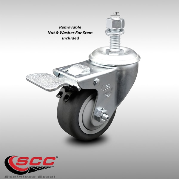 3 Inch SS Thermoplastic Rubber 1/2 Inch Threaded Stem Caster with Total Lock Brake